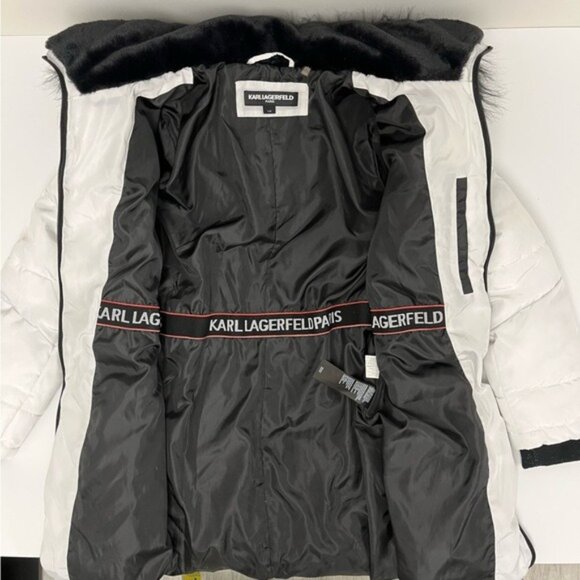 Karl Lagerfeld Paris White Long Faux Fur Puffer Coat - Size Large - Picture 7 of 16